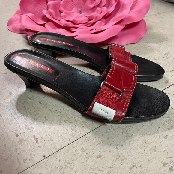 PRADA Sport Womens Size 40 Red/Black Kitten Heels Mules Sandals Leather - Picture 1 of 9